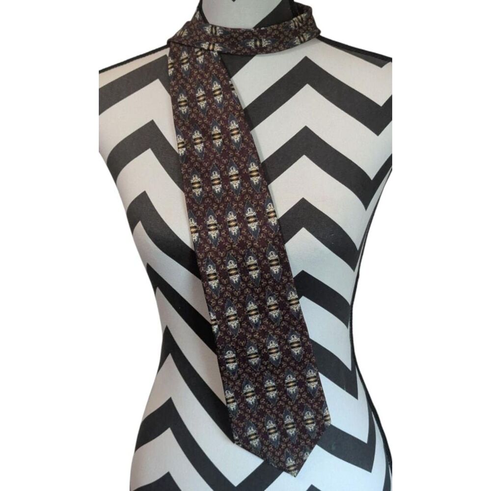 Bill Blass Black Label Silk Tie Burgundy Gold Blue Geometric Pattern Mens Formal